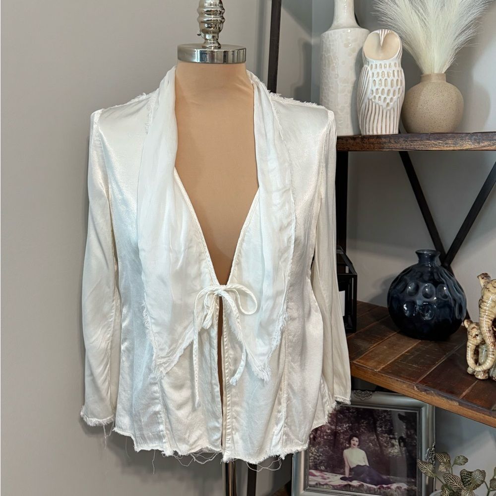 Jaga Satin Ivory Blazer Jacket Raw Hem Edges Womens SZ 1 (US 6) Tie Close Rayon